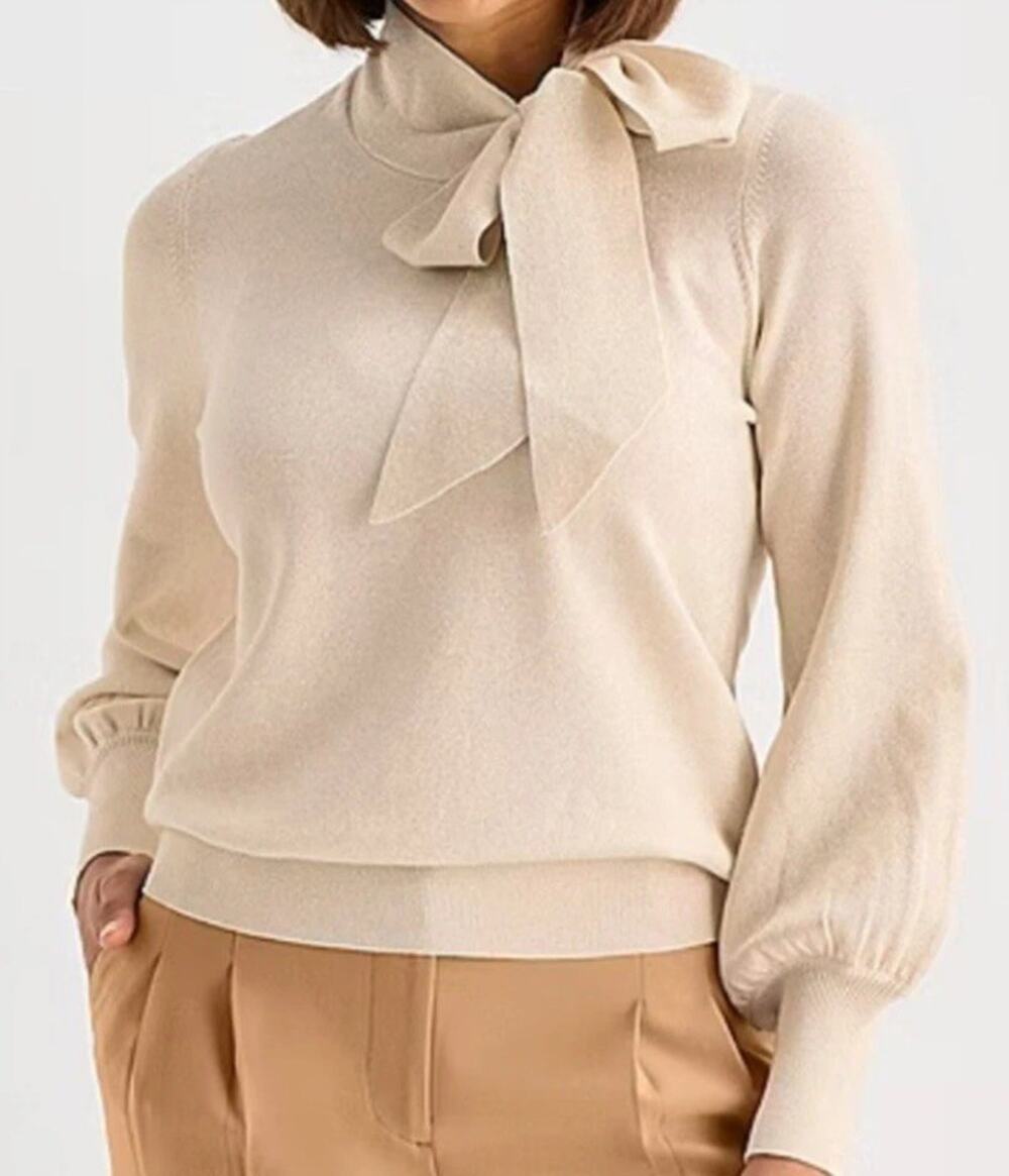 Liz Claiborne Plus 1X Shimmer Metallic Beige Cream Tie Neck Long Sleeve Sweater